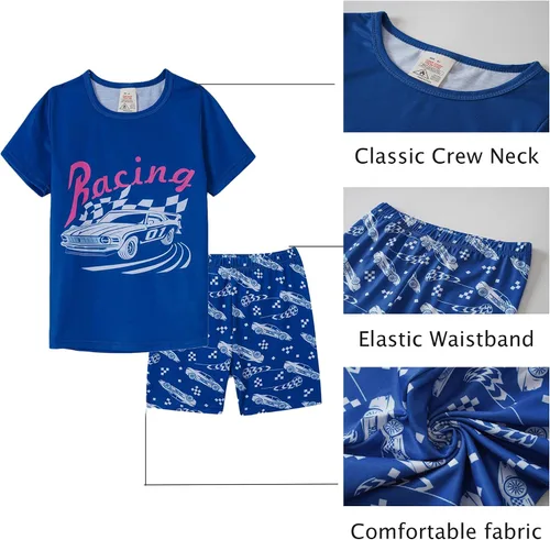 Vista 4 de MyFav - Pijamas para niños grandes de 2 piezas, pantalones cortos, lindos dibujos animados, ropa de dormir 4 piezas Alien