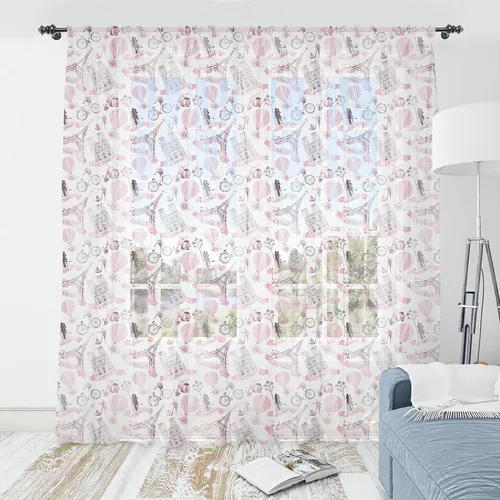 Vista 46 de Ambesonne Cortinas de tul Eiffel con bolsillo para barra, globos retro de corazón de café, remolinos de hito francés, cortina transparente