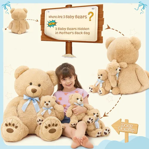 Vista 2 de MorisMos Oso de Peluche Gigante Animal de Peluche con Osos Bebé, 35.4'' Oso Grande de Peluche Mamá, 3 Pequeños Osos de Peluche Animales de Peluche a