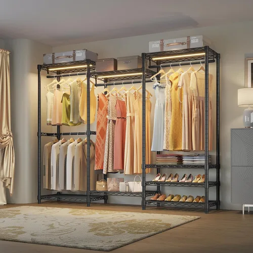 Vista 9 de VIPEK V5L Perchero para Ropa de Servicio Pesado con Luz LED Regulable, 3000K Blanco Cálido, Armario Ropero Portátil Independiente de Metal Percheros