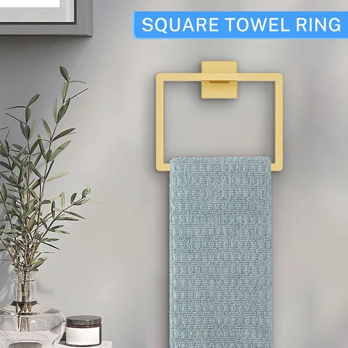 Vista 3 de Juego de accesorios de baño de 10 piezas en oro cepillado Juego de barra de toallas doradas, toallero/estante para baño, juego de accesorios de baño
