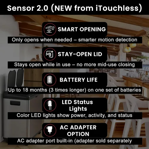Vista 3 de iTouchless Bote de basura de cocina con sensor 2.0 de 16 galones, con doble compartimiento, con ruedas, de acero inoxidable, automático, de 8