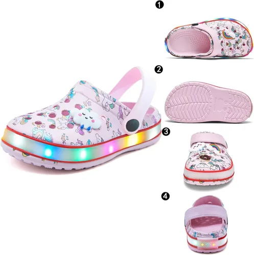 Vista 2 de XPKWS Zuecos para niños pequeños, niños y niñas, zapatos de jardín con luces LED, sandalias ligeras con luces, antideslizantes, de secado rápido