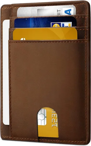 Vista 2 de Cartera delgada minimalista de cuero para tarjetas de crédito RFID bloqueo con ventana de identificación