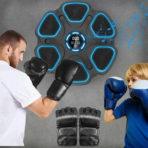 Vista 6 de Máquina de boxeo de música, máquina de boxeo de gran tamaño para adultos y niños, objetivo de boxeo interactivo montado en la pared con guantes