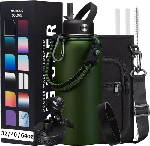 Vista 54 de Botella de agua aislada de 1 galón, con popote y tapa de pico automático, mango de paracord, funda para botella, botella de agua de acero inoxidable