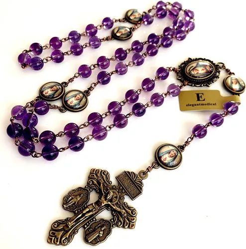 Vista 3 de elegantmedical Hanmade Turguoies - Collar con cuentas de oración, rosario católico, bronce, crucifijo, caja de regalo, Ametyst