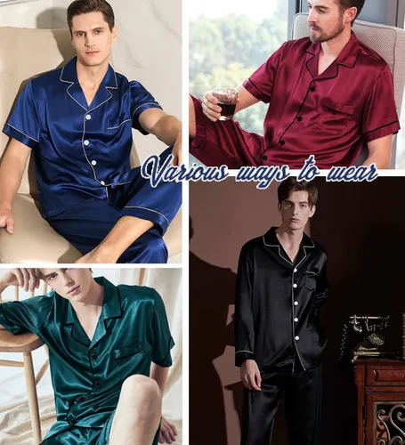 Vista 5 de SWOMOG Conjunto de pijama de seda satinada para hombre, 3 piezas, ropa de dormir de manga corta, con botones, ropa de dormir clásica
