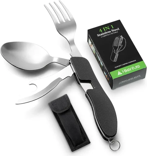 Vista 11 de HIKENTURE 4 en 1 Utensilios para Camping, Juego de Cubertería de Acero Inoxidable con Cuchara, Tenedor, Cuchillo y Abrebotellas, Cubiertos