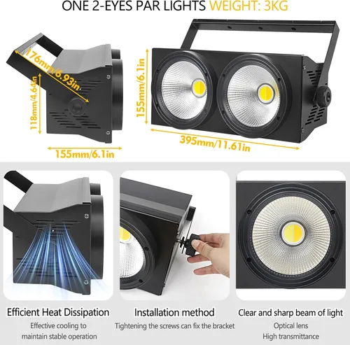 Vista 3 de MAD OWL Luces LED de 200 W, 2 ojos fríos y blancos cálidos, control DMX, activación de sonido, estroboscópico COB para teatro, iglesia, eventos