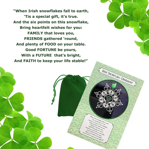 Vista 3 de Adorno de Navidad irlandés – Claddagh – Copo de nieve irlandés – Filigrana de metal y joyas – Bolsa de almacenamiento de regalo incluida mide 3 x 3