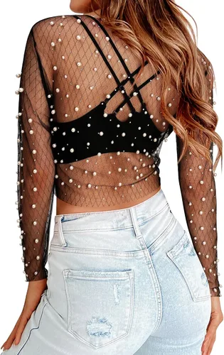 Vista 2 de Ezcosplay Nashville - Camiseta corta de malla con diamantes de imitación para mujer, camiseta de manga larga con purpurina brillante, camisa