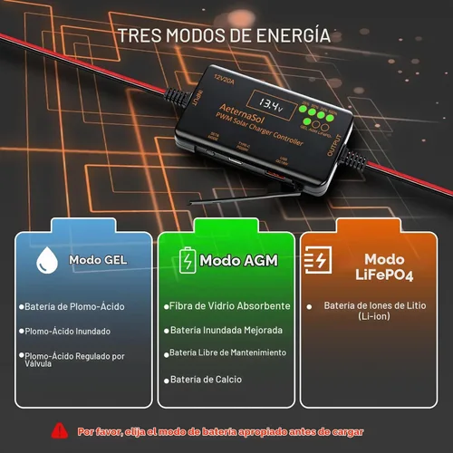 Vista 3 de Controlador de carga solar PWM 12V 20A para LiFePO4, AGM, batería de gel