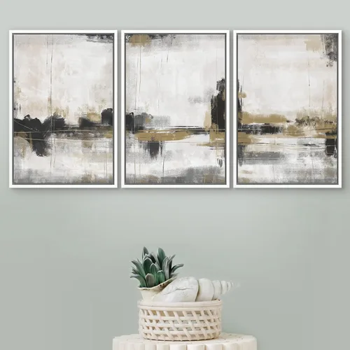 Vista 179 de SIGNFORD - Set de obras de arte en lienzo enmarcado para pared, ilustraciones abstractas de neblina del desierto en tonos neutros beige y marrón