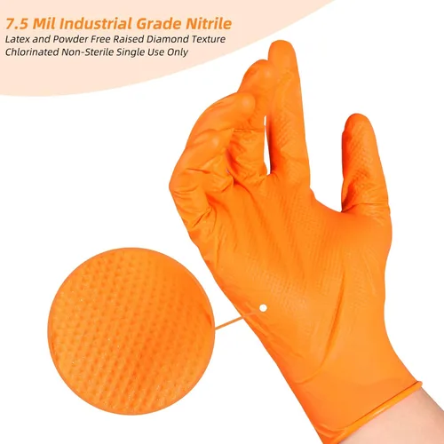 Vista 5 de LOGO Guantes desechables de nitrilo naranja-7.5mil Grip Diamond Textured Heavy Duty Automotive Mechanic compostable (50 piezas/caja)