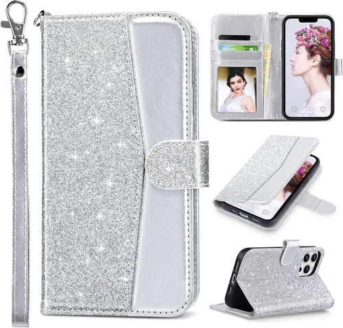 Vista 13 de ULAK Compatible con iPhone 13 Funda tipo cartera para mujer, funda tipo billetera de piel PU con tarjetero y función de caballete, funda protectora