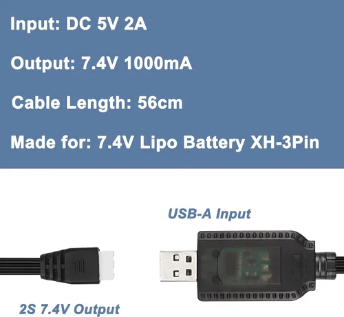 Vista 4 de MEIRIYFA Cable cargador USB de batería Lipo de 7.4V 1A, cable XH-3P 2S, conector de cable de carga USB, enchufe y luz indicadora LED para RC Car
