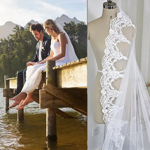 Vista 3 de LIANSHI Single layer Wedding bridal Veil Lace Appliques With Comb 3M
