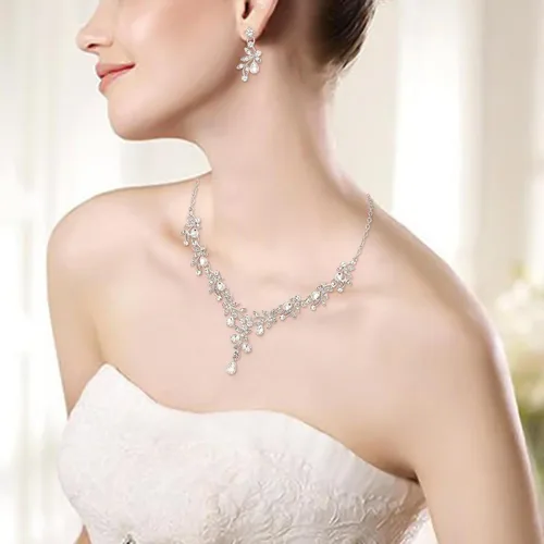 Vista 2 de BriLove Juego de joyas de boda para mujer, novia, collar en Y, juego de aretes colgantes de cristal, lágrima, hojas, flores, joyería para dama
