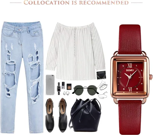 Vista 6 de SKMEI Reloj de mujer, elegante reloj de pulsera rectangular de cuero para damas, reloj analógico de cuarzo impermeable para mujer, Rojo-d