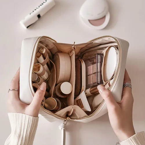 Vista 4 de Bolsa de maquillaje premium, organizador de bolsa de maquillaje, bolsa de maquillaje de cuero, bolsa de aseo de viaje colgante, bolsas de aseo