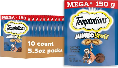 Vista 13 de TEMPTATIONS Jumbo Stuff Crunchy and Soft Cat Treats Savory Salmon Flavor, bolsa de 2.5 onzas (paquete de 12)