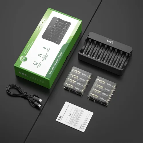Vista 9 de EBL Paquete de 8 baterías AA recargables Ni-Zn de 3000 mWh con cargador de batería Ni-Zn de 8 bahías, batería doble A de 1.6 V de alto rendimiento