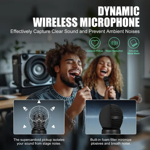 Vista 2 de Micrófono inalámbrico - Micrófono de karaoke para cantar - Micrófonos de mano dinámicos dobles recargables con receptor - Micrófono inalámbrico