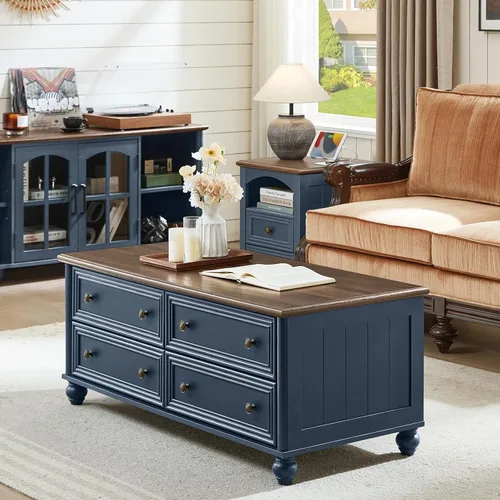 Vista 6 de RWYHG - Mesa de centro de granja de 48" con almacenamiento oculto, mesas de café de madera con 4 cajones y mango de columna romana, mesa rústica