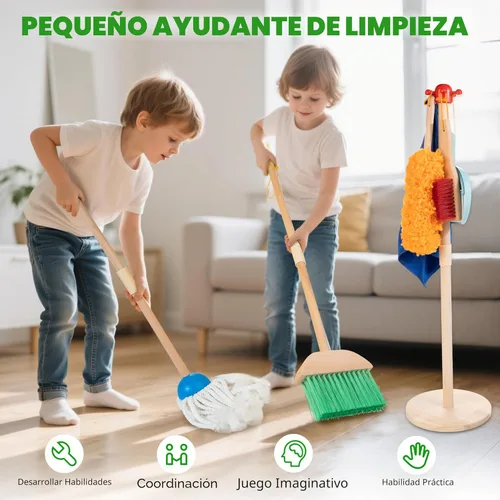 Vista 4 de WOODMAM Juego de Limpieza de Madera para Niños con Trapeador Rociador, Juguetes de Limpieza Montessori con Rociador de Agua Real y Juego