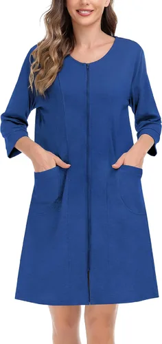 Vista 4 de SWOMOG Bata con cremallera para mujer, manga 34, suave algodón con cremallera frontal, camisón con bolsillos