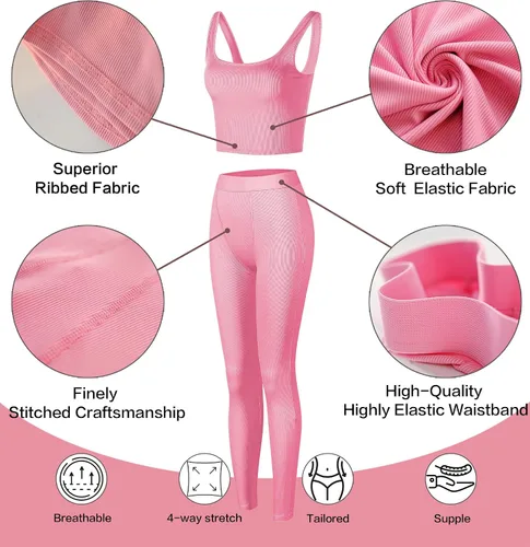 Vista 5 de Conjunto deportivo de 2 piezas para mujer, camiseta sin mangas de punto acanalado para yoga, leggings de cintura alta, conjuntos de ropa deportiva