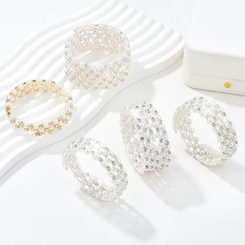 Vista 6 de Long tiantian Juego de pulseras de perlas para mujer, pulsera de diamantes de imitación de cristal multicapa, brazaletes con cuentas elásticas