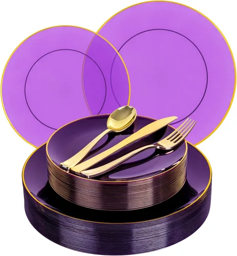 Vista 25 de YOUBET 125 piezas de platos de plástico negros y dorados - Platos desechables negros con borde dorado - Incluye 25 platos de cena, 25 platos