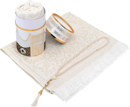 Vista 9 de FURKAN Juego de alfombra de oración musulmana y cuentas con elegante caja de regalo cilíndrica Janamaz Sajadah, regalo espiritual islámico perfecto