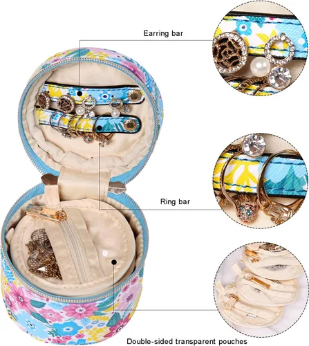 Vista 4 de Angelina's Palace Estuche organizador de joyas redondo Bolsa de viaje Regalos de dama de honor Caja de cuero vegano para collar, aretes, pulsera