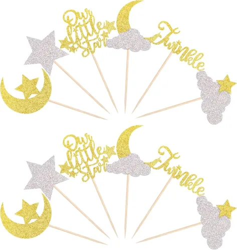 Vista 7 de Paquete de 24 adornos para cupcakes con purpurina de luna, nube, estrellas, estrellas, baby shower, niños, cumpleaños, boda, fiesta, decoración