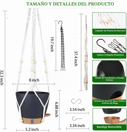 Vista 3 de Maceta colgante de riego automático de 8 pulgadas para plantas de interior Negro