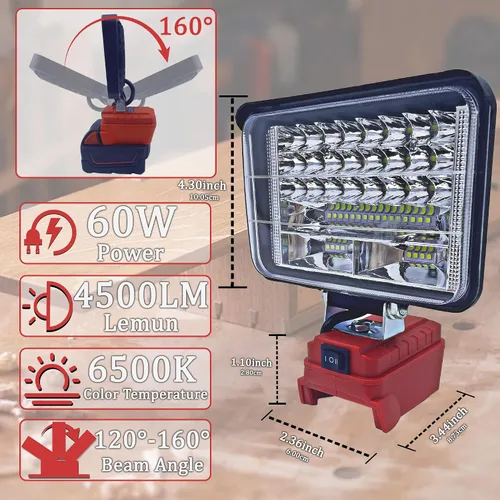 Vista 3 de Luz de trabajo LED de 60W 4500LM compatible con batería Milwaukee de 18 V