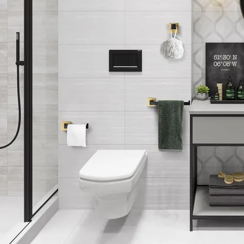 Vista 5 de TURS Juego de accesorios de baño de 3 piezas, soporte para toallas de mano negro y dorado, soporte para papel higiénico, gancho para toallas, juego