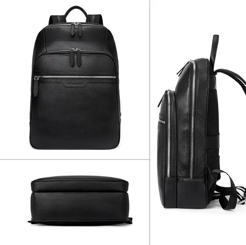 Vista 8 de BOSTANTEN Mochila de cuero para hombre 15.6 pulgadas Mochila para portátil de viaje Bolsa universitaria Negro