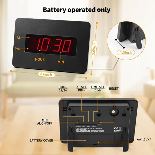 Vista 4 de Reloj de pared digital con batería con pantalla LED, reloj de pared con retroiluminación, mesa, alarma, brillo ajustable, 12/24 horas
