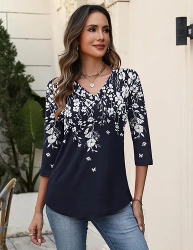 Vista 2 de Zeagoo Camisetas de manga 3/4 para mujer, cuello en V, blusa casual elegante, camisetas básicas 2026, ropa de moda S-2XL