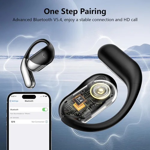 Vista 5 de Auriculares inalámbricos de oreja abierta, auriculares Bluetooth 5.4, micrófono incorporado, IPX7 resistente al agua, estuche de carga con pantalla