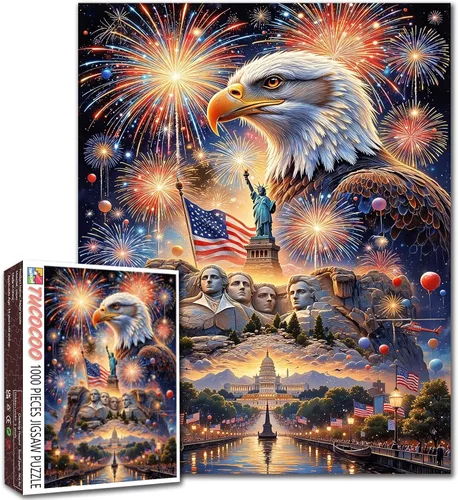 Vista 10 de Rompecabezas de 1000 piezas con la bandera americana y águila para adultos, rompecabezas del 4 de julio, para juegos de actividades familiares