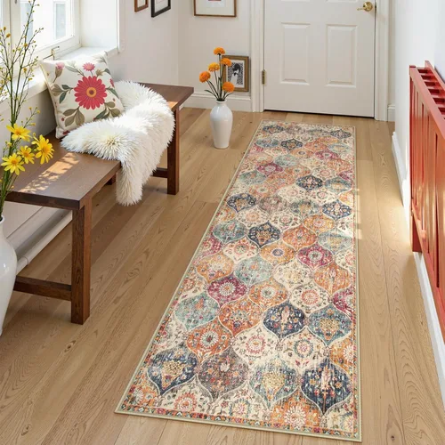 Vista 81 de Lahome - Alfombra marroquí antideslizante y lavable, pequeña alfombra oriental para dormitorio, cocina, entrada, baño, entrada, 61 x 91 cm, crema
