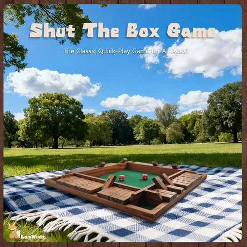 Vista 3 de Shut The Box Game Tablero de madera (13.78 pulgadas) para 1-4 jugadores, juegos de dados familiares para adultos con 12 dados, aprendizaje educativo