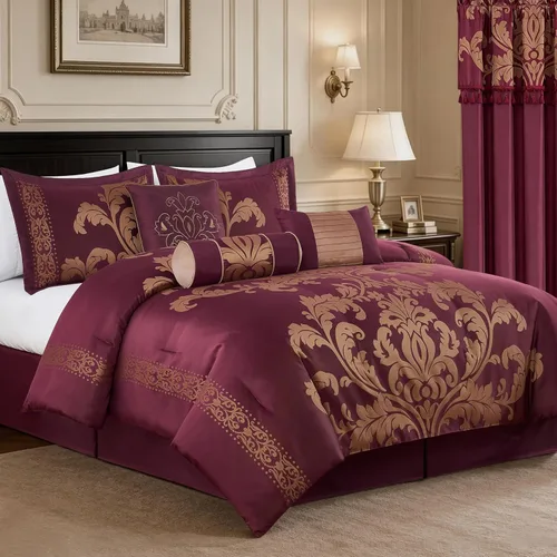 Vista 13 de Chezmoi Collection Juego de edredón floral de jacquard Royale de 7 piezas, matrimonial/doble, negro/dorado