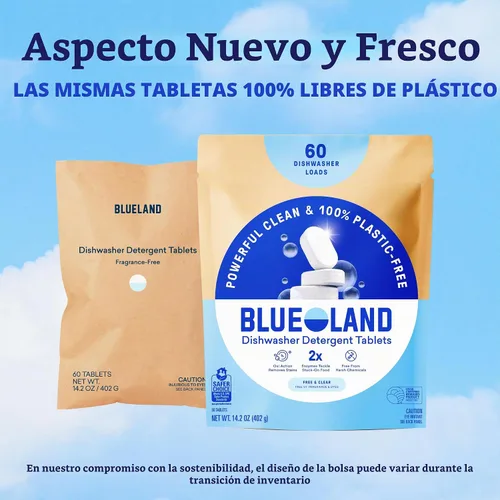 Vista 10 de BLUELAND - Tabletas de detergente para lavavajillas 100% libres de plástico, 60 unidades, libres y transparentes Eco-Friendly Dishwashing Pods