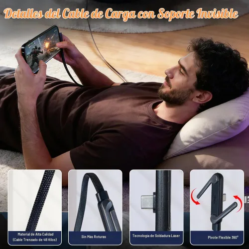 Vista 4 de 2 cargadores de teléfono laterales con 5 bridas de silicona para cables, cable de carga invisible de 240 W con soporte de metal ajustable de 360°